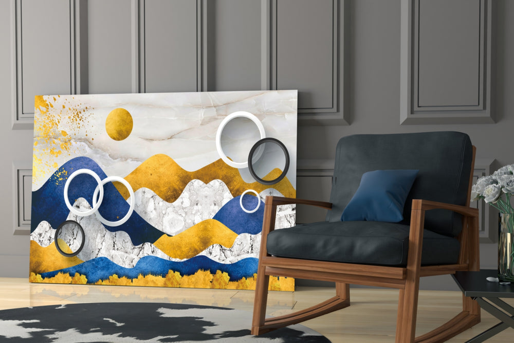 Colorful Mountains glass print enhancing a lounge with editorial mood