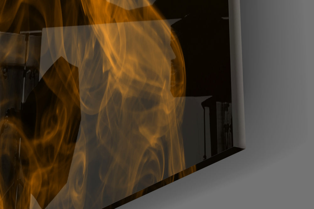Orange Smoke artwork anchoring a wall with moody dynamic palette