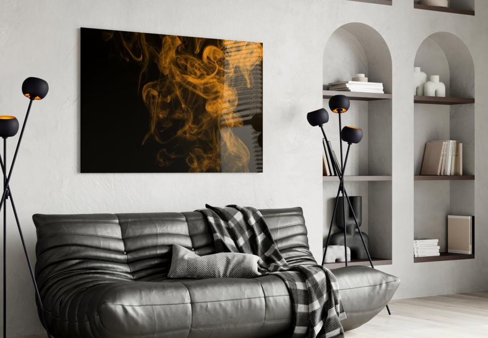 Orange Smoke glass wall art styled above a desk in a kinetic study