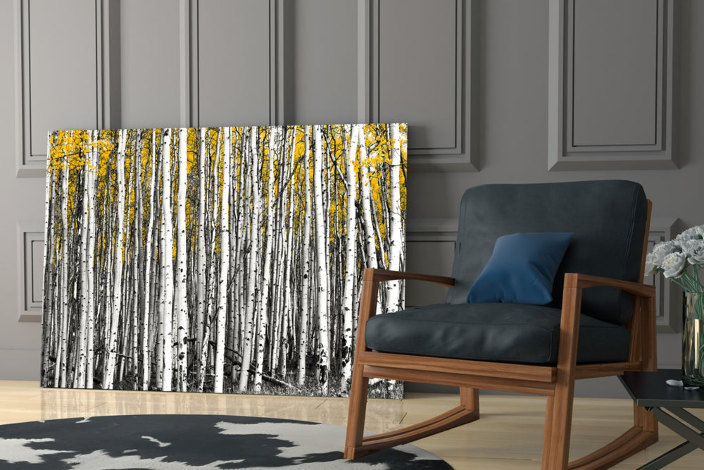 Yellow Forest glass print enhancing an entryway with woodland drama