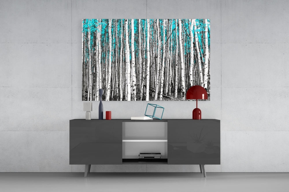 Blue Forest panel catching morning light to reveal its tactile bark grain