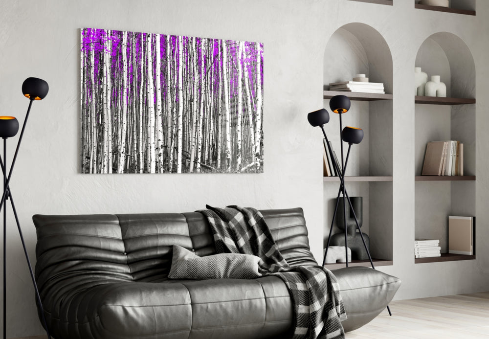 Pink Forest glass wall art styled above a bed in a girl's room