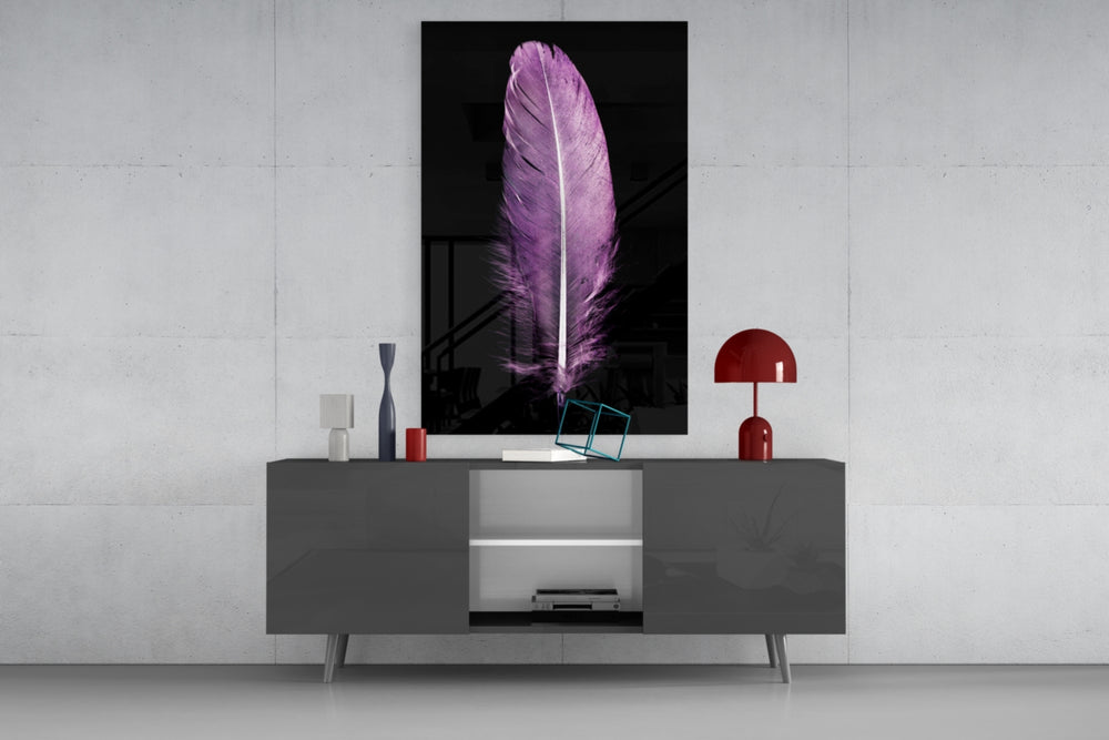 Purple Feather panel catching gallery light to reveal its iridescent saturation