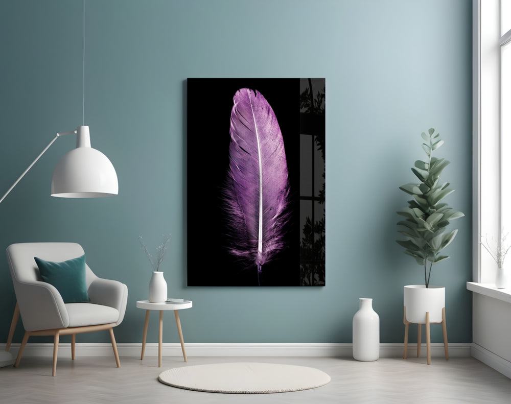 Purple Feather glass wall art styled above a vanity in a powder room