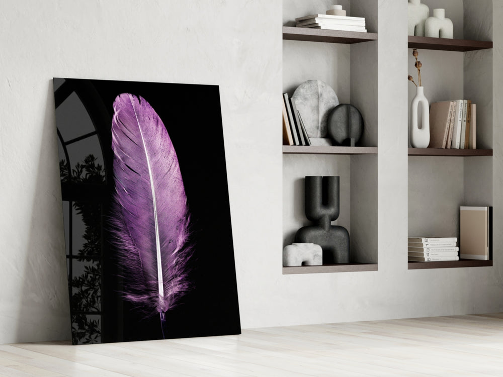 Purple Feather glass print enhancing a bedroom with serene spirit