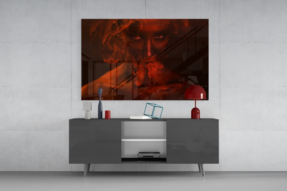 Red Smoke and Woman panel catching low light to reveal its smoldering saturation