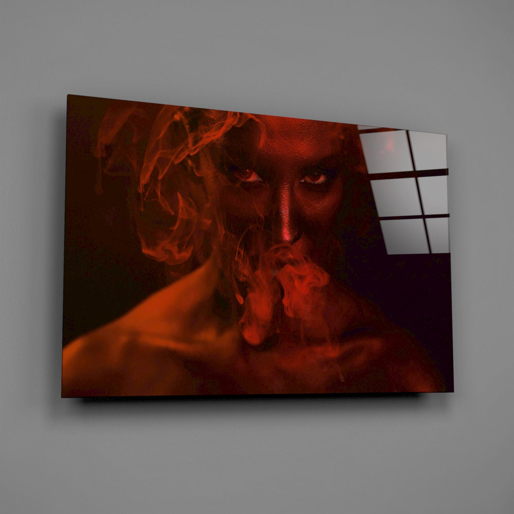 Scarlet-portrait panel bringing dramatic editorial to a contemporary living space