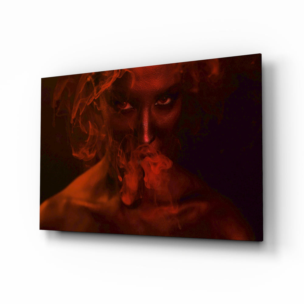 Red Smoke and Woman glass wall art displayed above a console in a designer interior