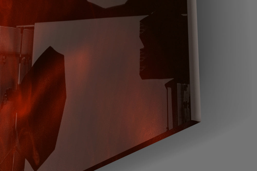 Red Smoke and Woman artwork anchoring a wall with bold dramatic palette