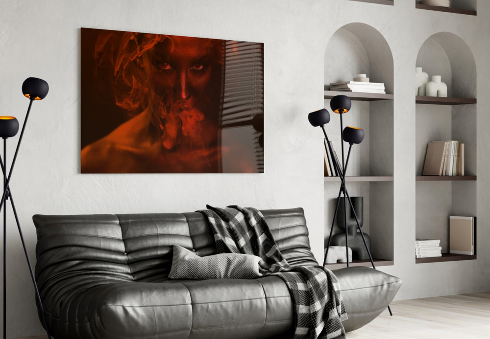 Red Smoke and Woman glass wall art styled above a bar in a man-cave