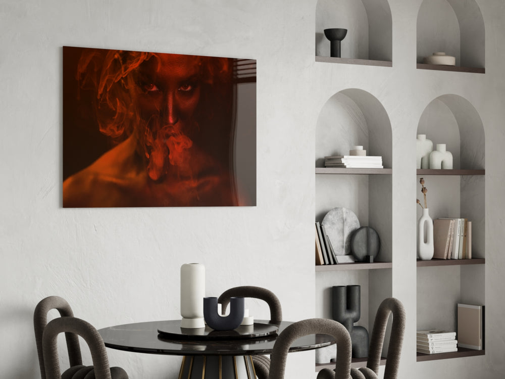 Red Smoke and Woman panel adding after-hours mood to a lounge