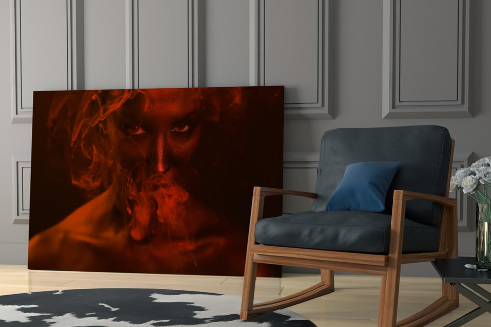 Red Smoke and Woman glass print enhancing a foyer with statement focal point