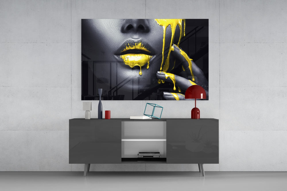 Yellow and Woman panel catching gallery light to reveal its tactile gloss