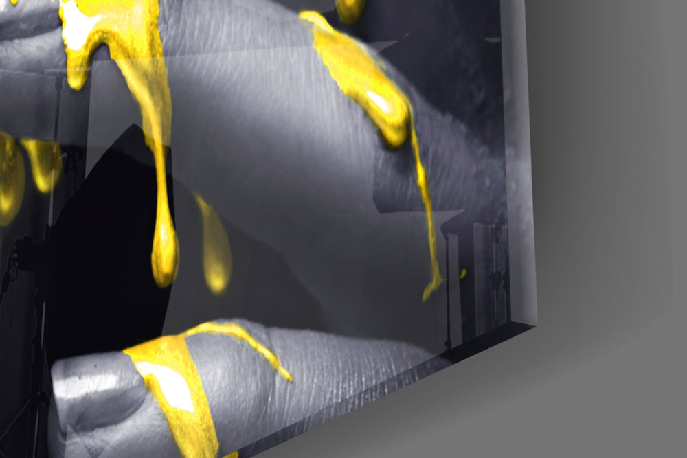 Yellow and Woman artwork anchoring a wall with bold editorial palette