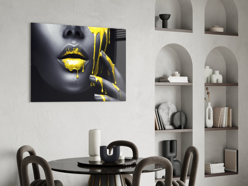 Yellow and Woman panel adding luxe mood to a dressing area