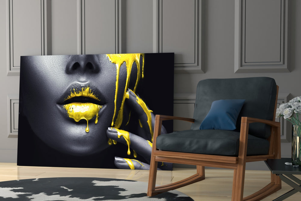 Yellow and Woman glass print enhancing a foyer with editorial drama