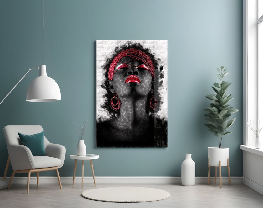 Woman and Red glass wall art styled above a sofa in a designer hallway