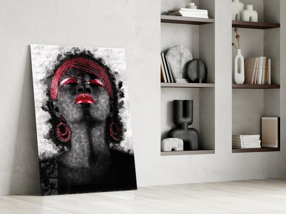 Woman and Red glass print enhancing a lounge with editorial drama