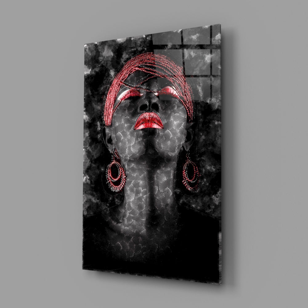 Crimson-portrait panel bringing moody drama to a contemporary living space