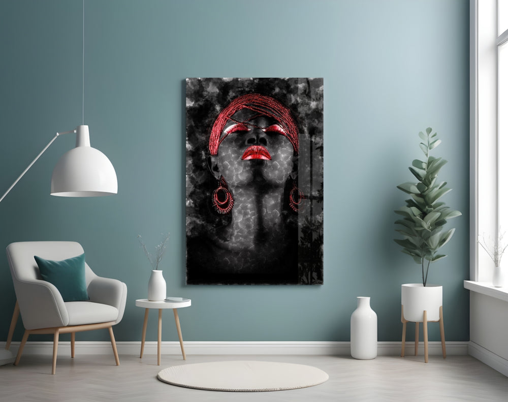 Woman and Red glass wall art styled above a desk in an introspective study
