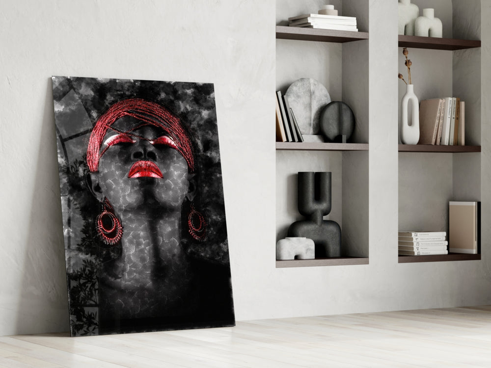 Woman and Red glass print enhancing a lounge with after-hours drama