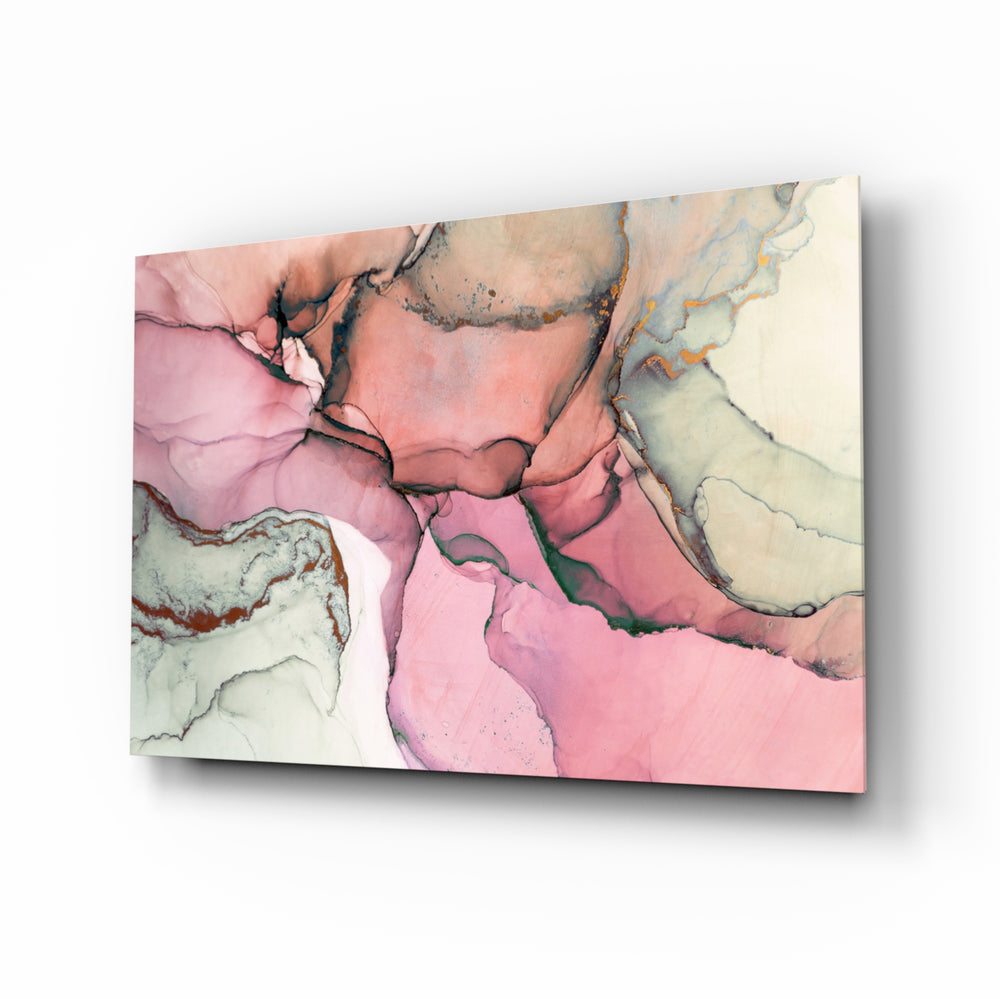 Pink Marble Pattern glass wall art displayed above a console in a designer interior