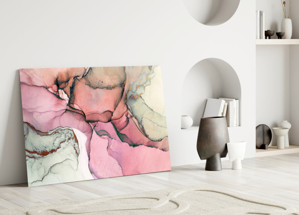 Close-up detail of charcoal veining through pink-and-sage wash