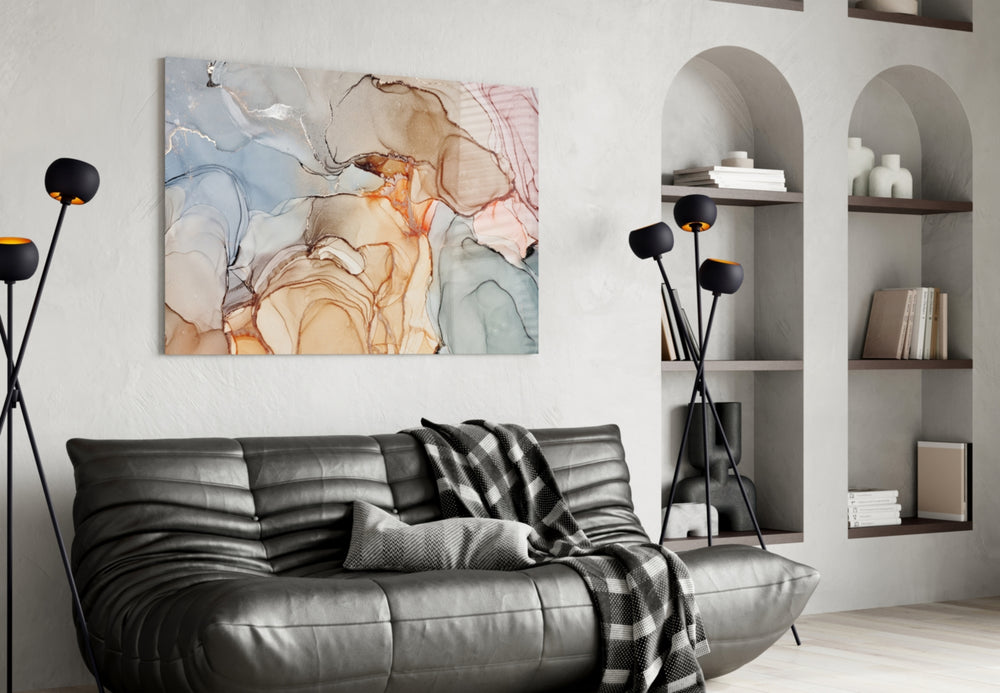 Soft Marble Pattern glass wall art styled above a bed in a serene bedroom