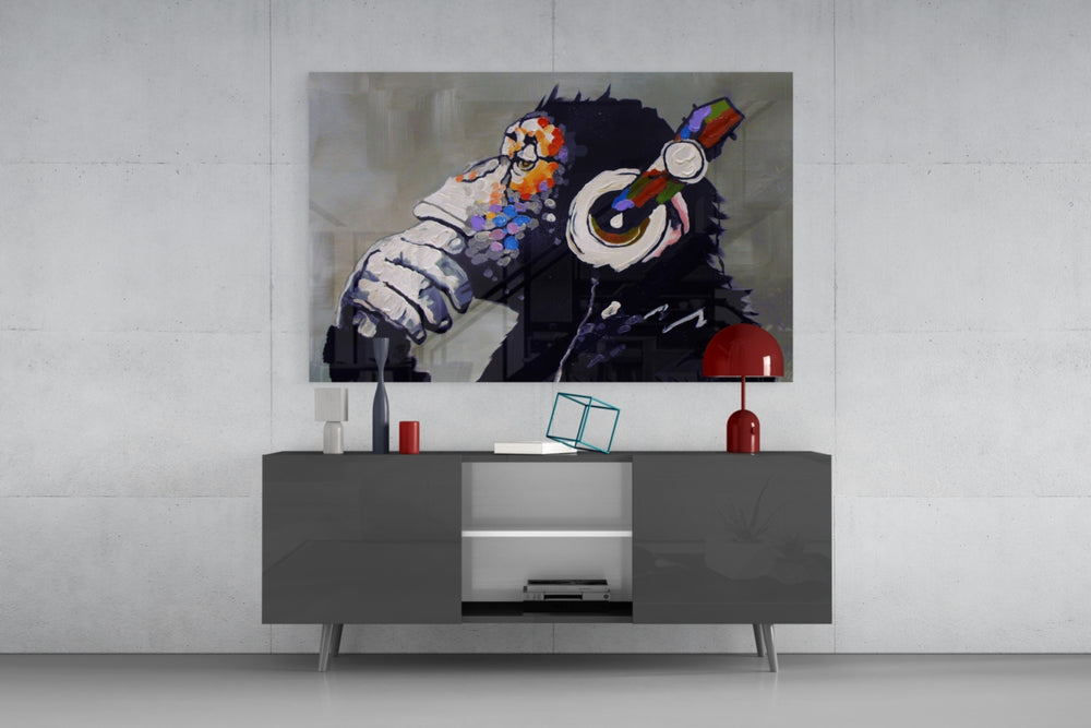 Thinking Monkey panel catching gallery light to reveal its tactile impasto