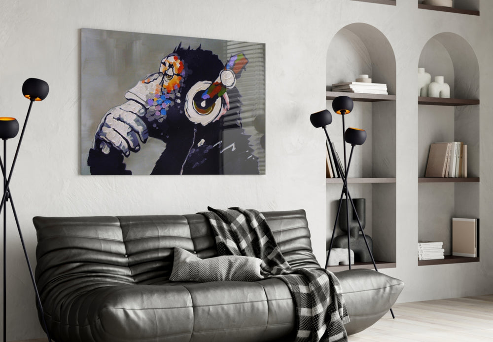 Thinking Monkey glass wall art styled above a turntable in a music room