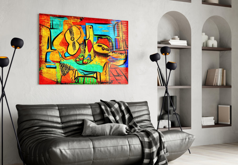 Abstract Cello glass wall art styled above a piano in a music room