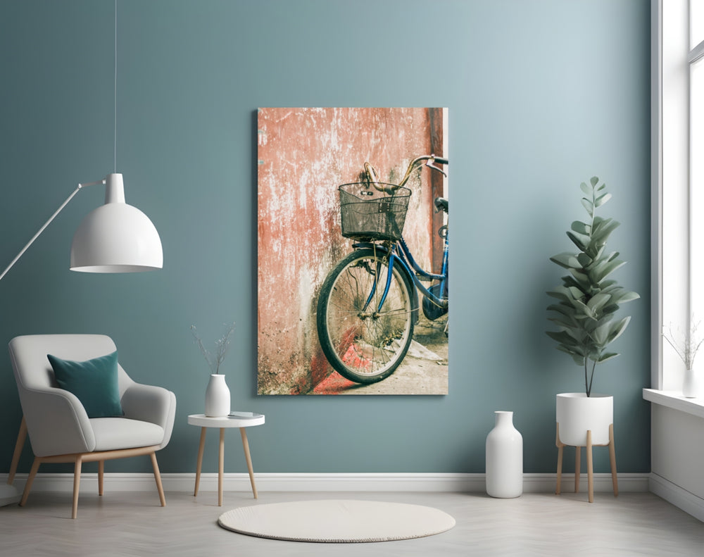 Bicycle Basket glass wall art styled above a bench in a hallway