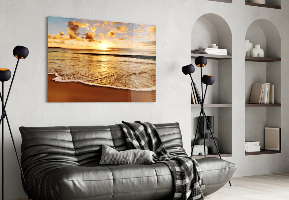 Sunset glass wall art styled above a bed in a serene bedroom