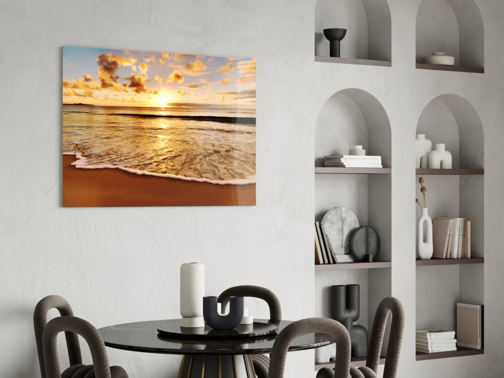 Sunset panel adding shoreline mood to a coastal cabin