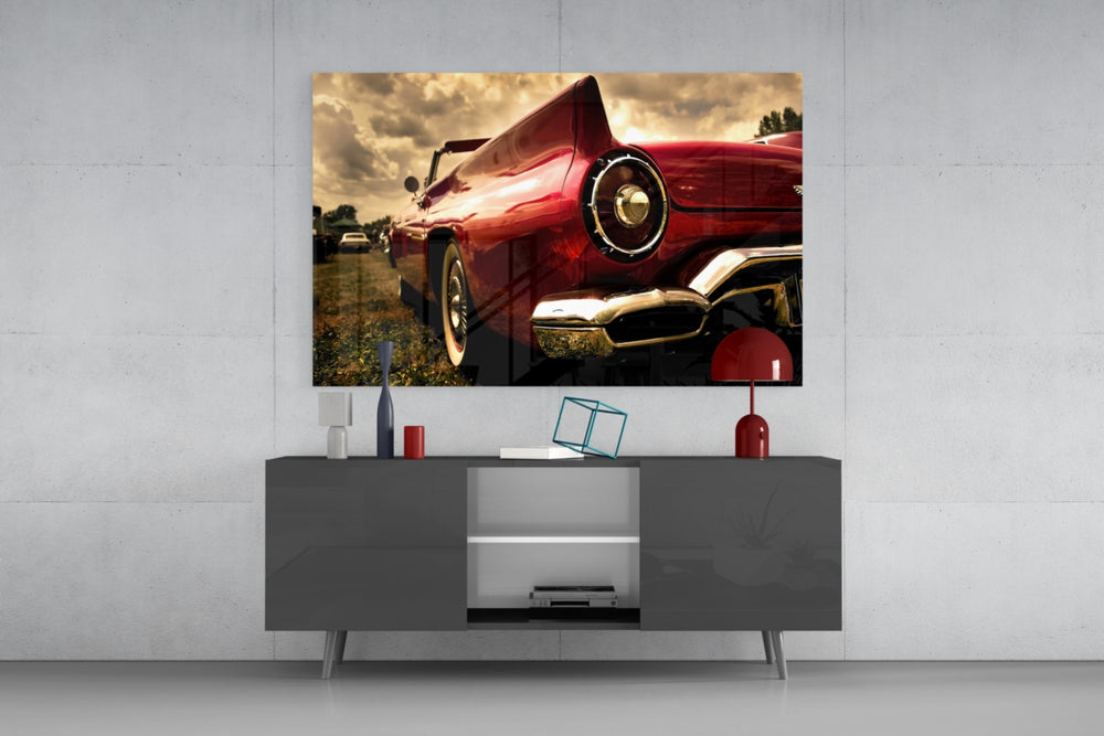 Red Vintage Muscle Car Glass Wall Art