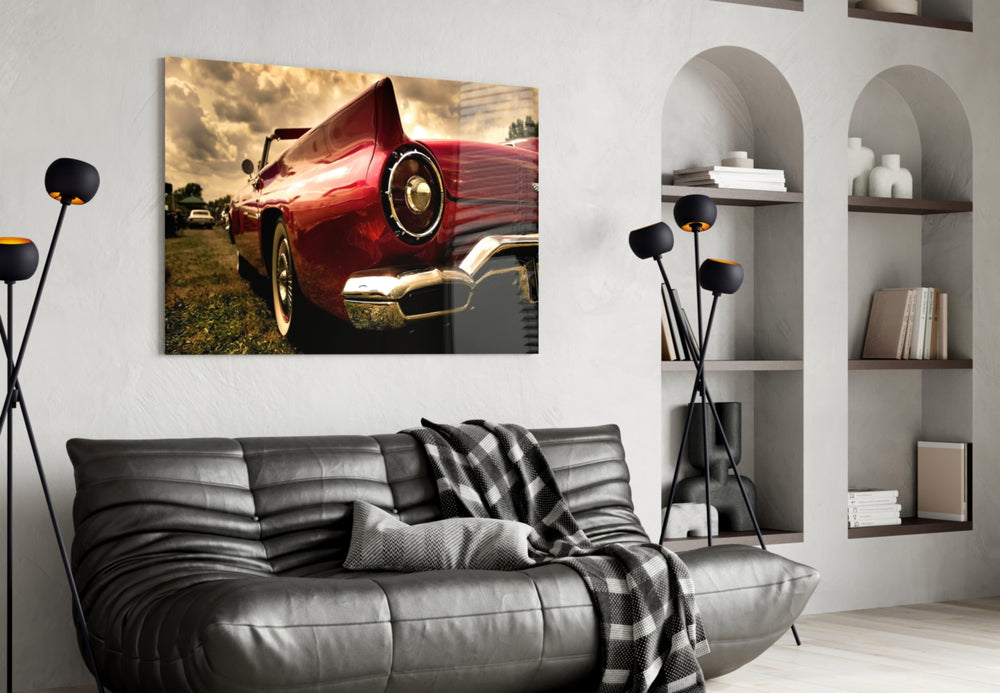 Red Vintage Muscle Car Glass Wall Art