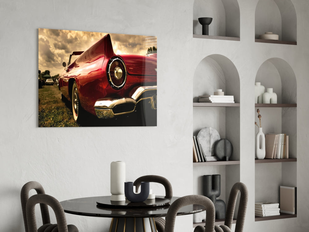 Red Vintage Muscle Car Glass Wall Art