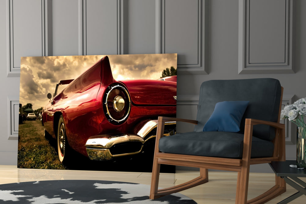 Red Vintage Muscle Car Glass Wall Art