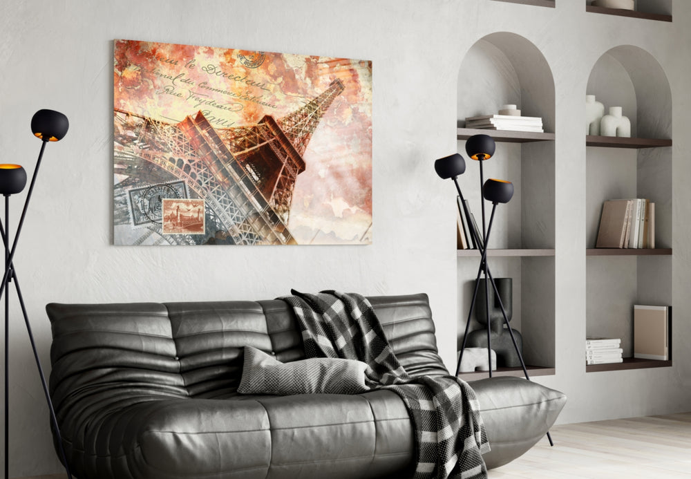 Eiffel glass wall art styled above a bench in a hallway