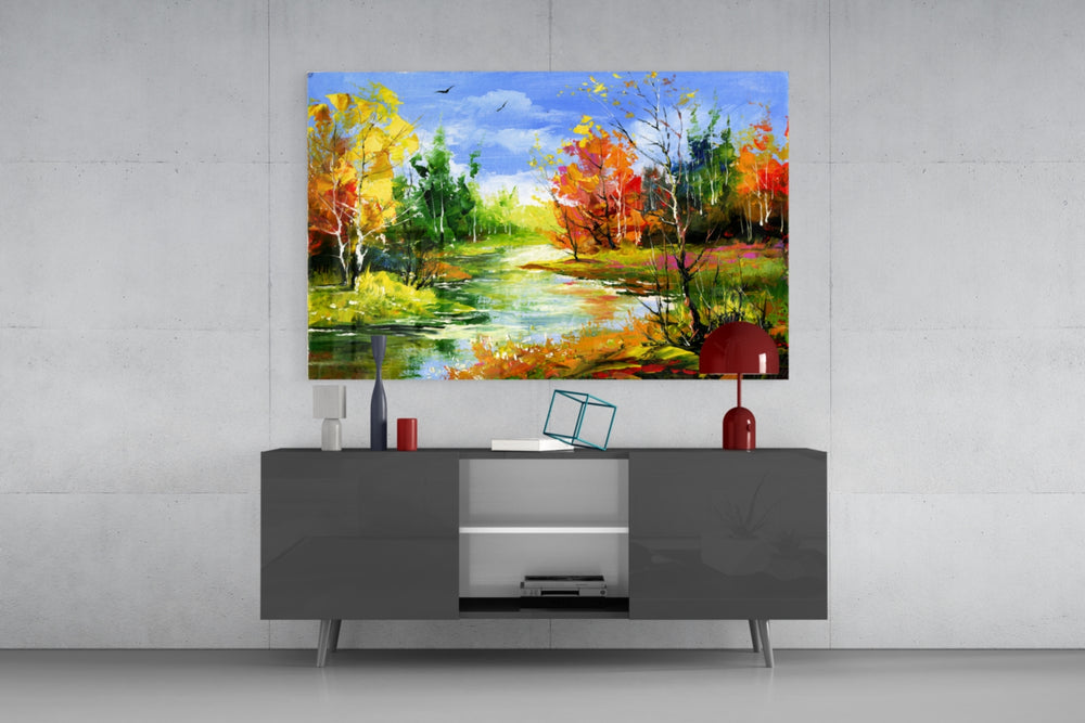 Colorful Autumn panel catching gallery light to reveal its tactile impasto