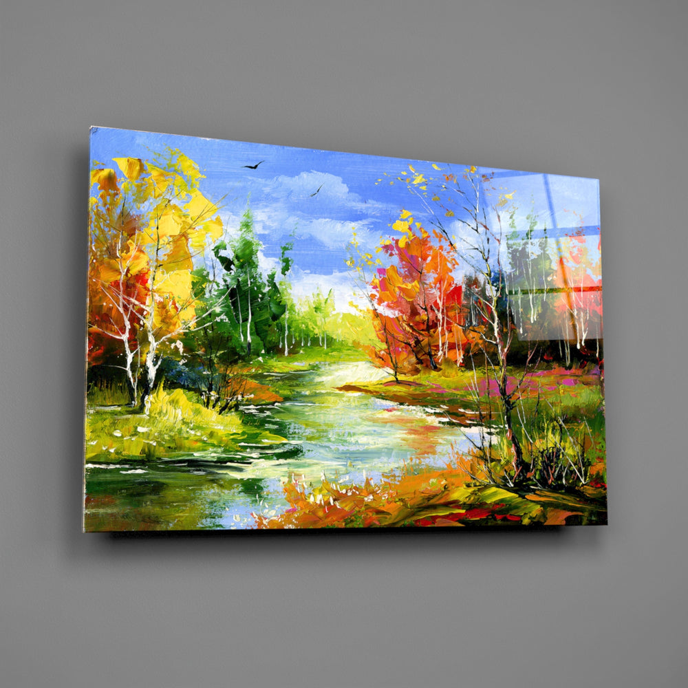 Autumn-riverside panel bringing painterly warmth to a contemporary living space