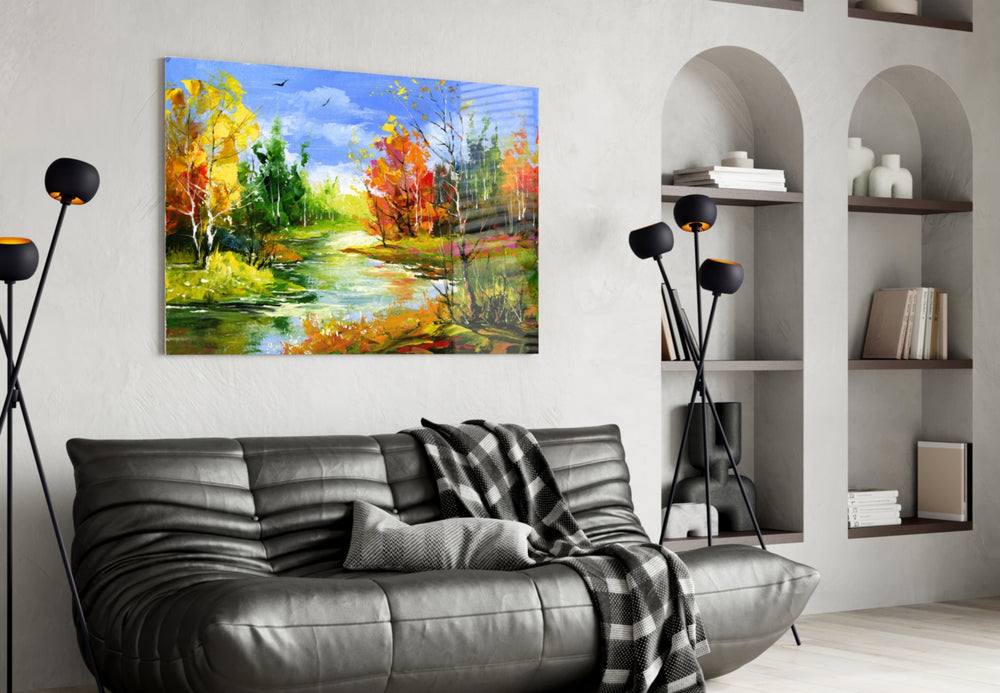Colorful Autumn glass wall art styled above a desk in a country study