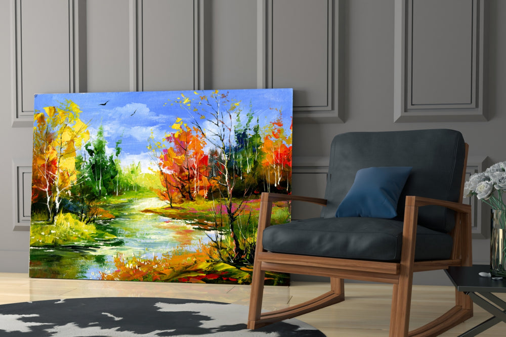 Colorful Autumn glass print enhancing a foyer with autumn spirit