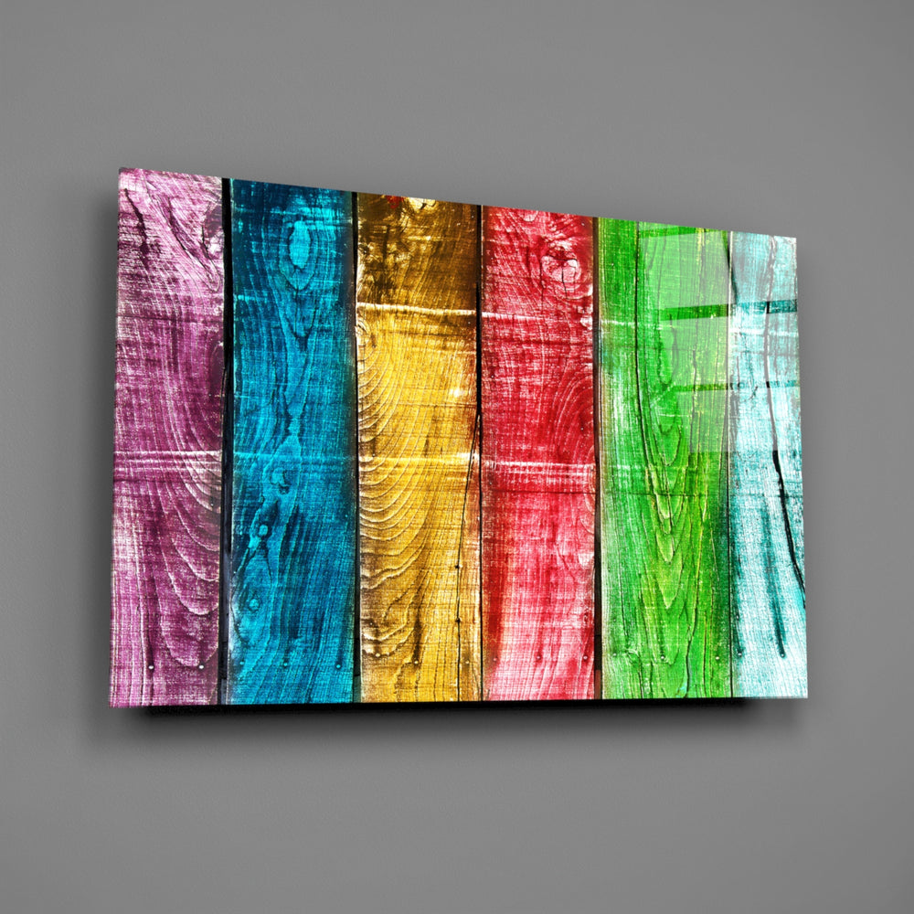 Rainbow-plank panel bringing eclectic energy to a contemporary living space