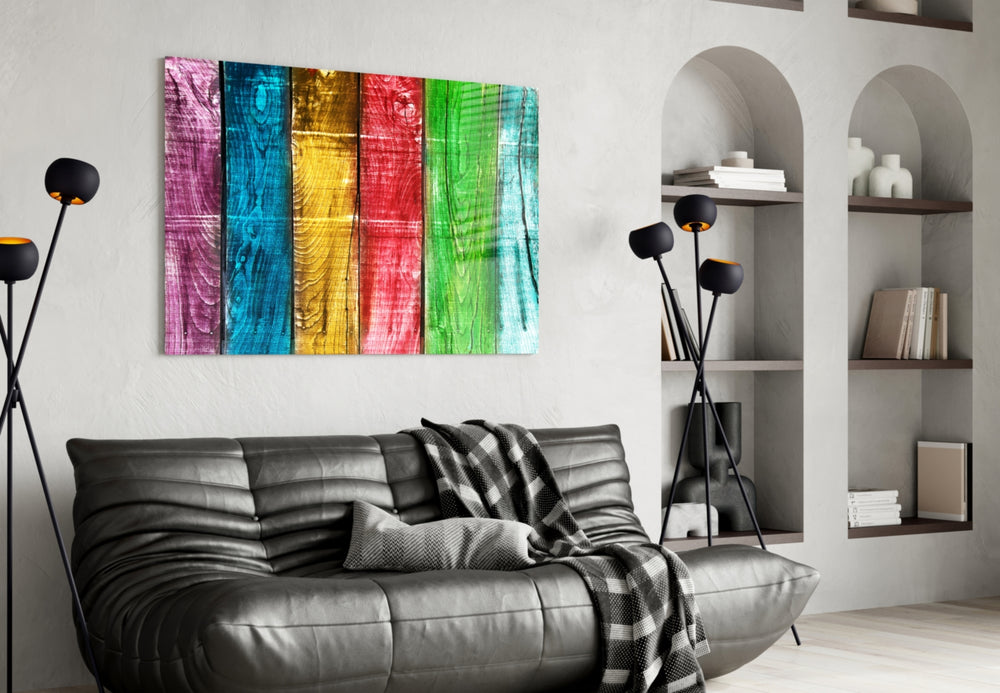 Colored Wood glass wall art styled above a desk in a child's room