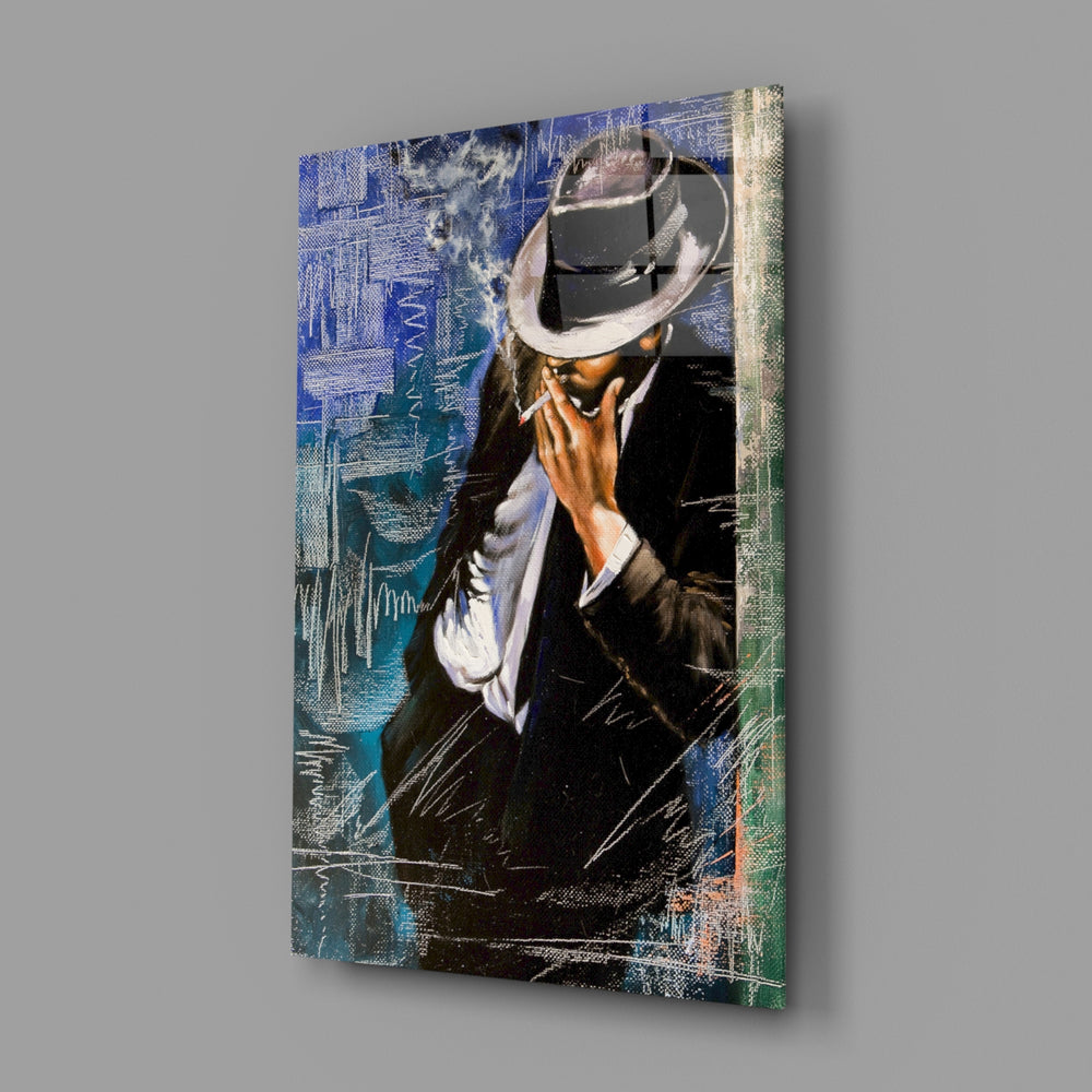 Fedora-portrait panel bringing jazz-noir mood to a contemporary living space