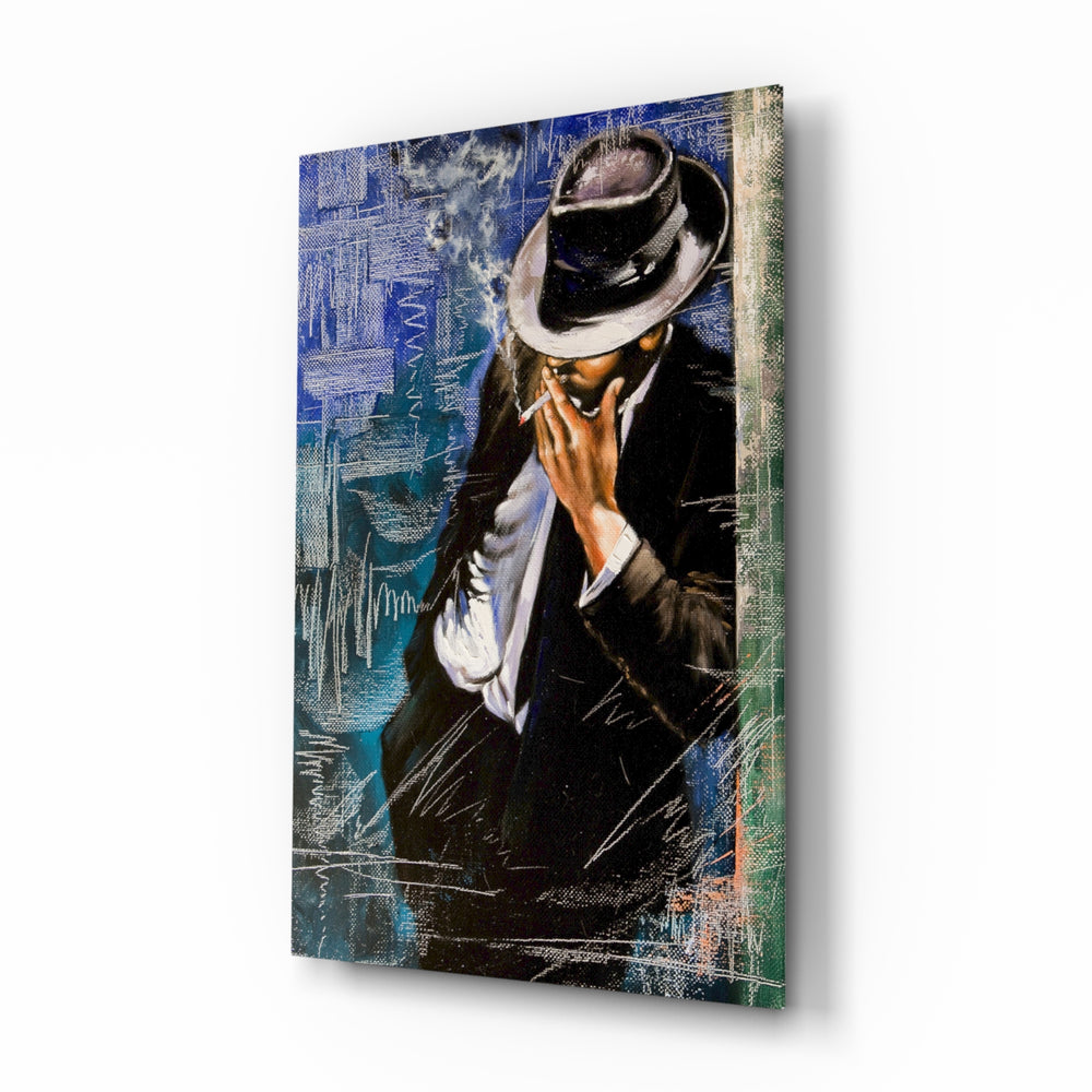 Smoking glass wall art displayed above a console in a designer interior
