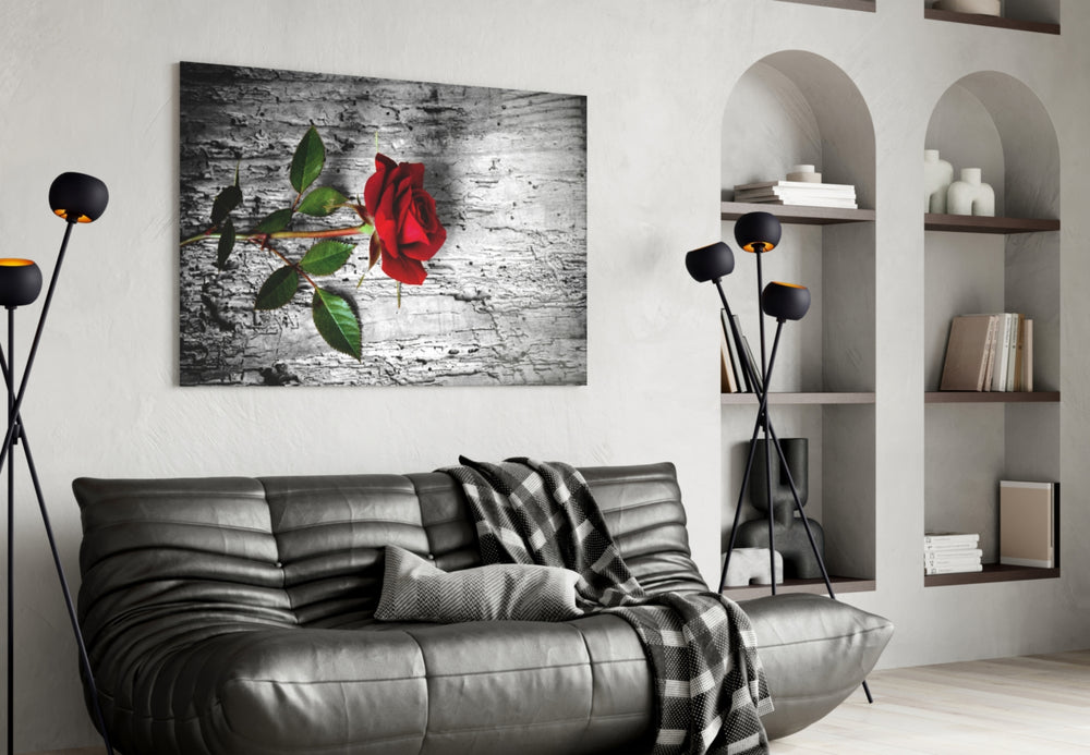 Red Rose glass wall art styled above a bed in a romantic bedroom