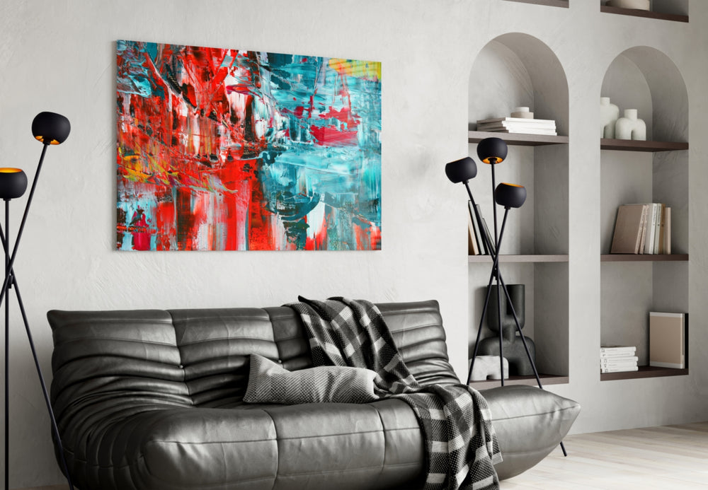 Abstract Reflection glass wall art styled above a desk in a creative office