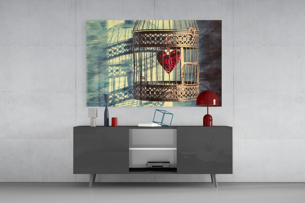 Caged Heart panel catching morning light to reveal its tactile lace